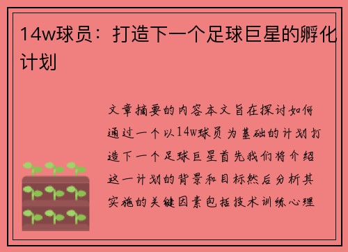 14w球员：打造下一个足球巨星的孵化计划